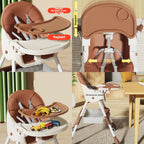 Scaun de Masa pentru Bebelusi si Copii, cu Roti, Telescopic, Pliabil, Masuta Reglabila, Suport Picioare, Scaun cu Invelis Piele Artificiala, Centura Siguranta, Spatiu Depozitare, 97x73x65 cm, Roz