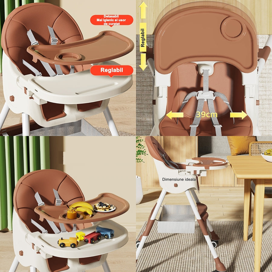 Scaun de Masa pentru Bebelusi si Copii, cu Roti, Telescopic, Pliabil, Masuta Reglabila, Suport Picioare, Scaun cu Invelis Piele Artificiala, Centura Siguranta, Spatiu Depozitare, 97x73x65 cm, Roz