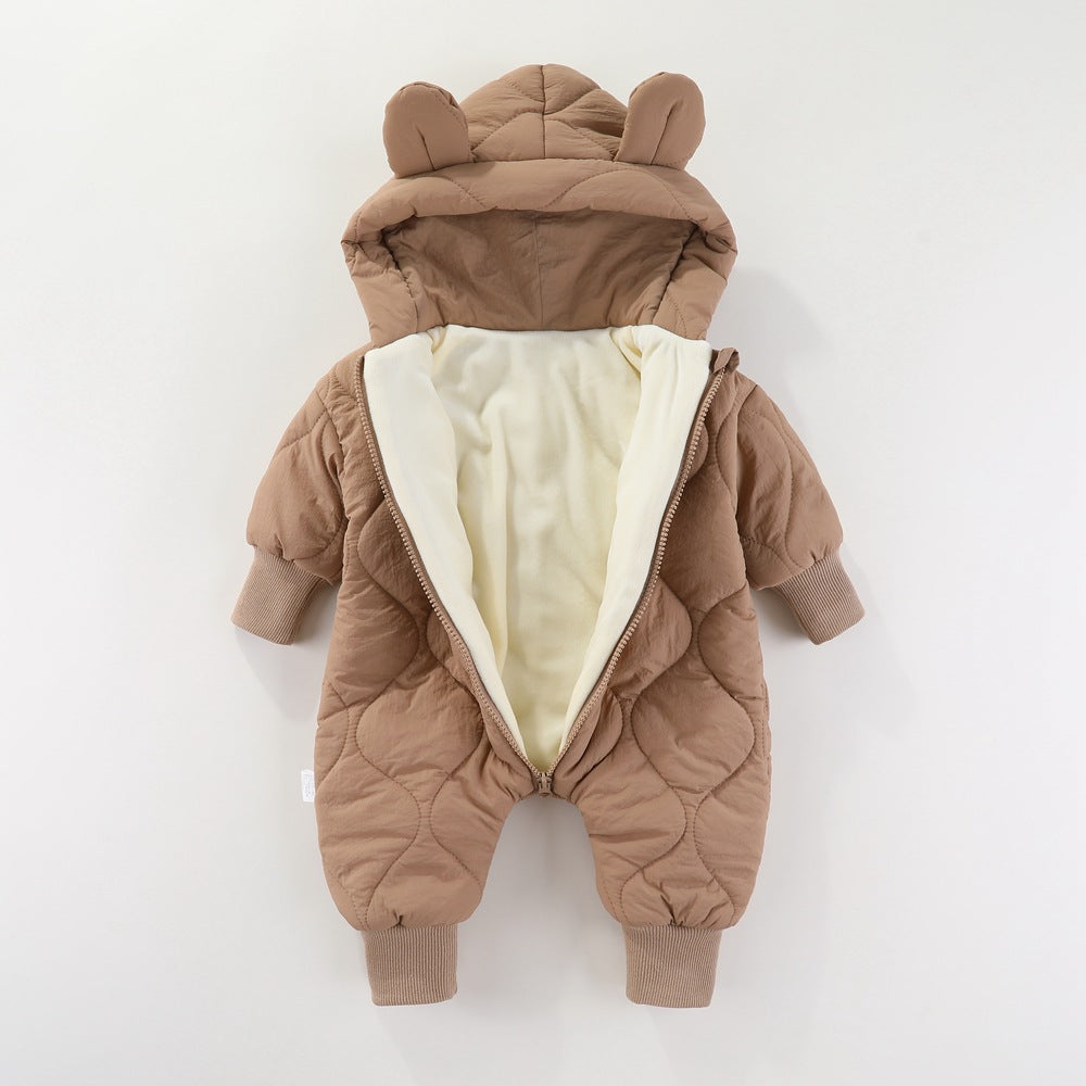 Combinezon de Iarna, Flippy, pentru Bebelusi, din Bumbac, cu Urechi, Mansete Elastice, Unisex, 66 cm, Maro