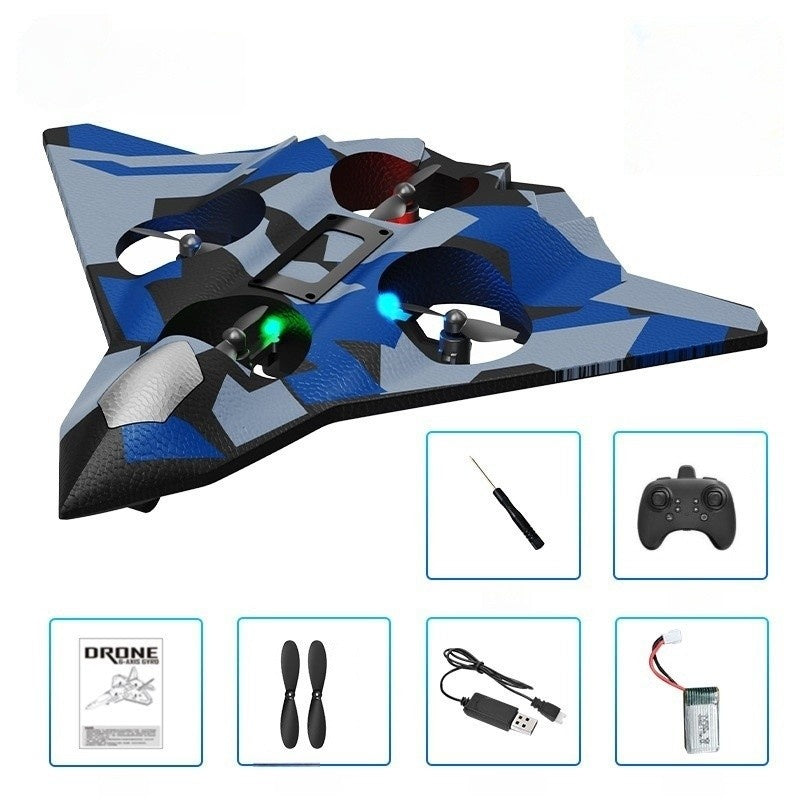 Avion de Lupta cu Telecomanda, Tip Drona, din EVA (Spuma), Incarcare USB, 2.4 GHz, Rotire 360°, Zbor pana la 100 m, LED, Model Army, Albastru