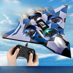 Avion de Lupta cu Telecomanda, Tip Drona, din EVA (Spuma), Incarcare USB, 2.4 GHz, Rotire 360°, Zbor pana la 100 m, LED, Model Army, Albastru