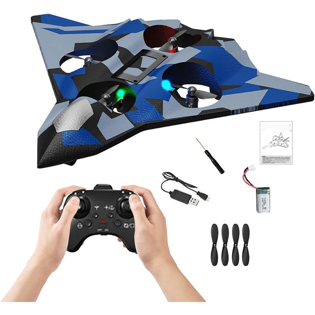 Avion de Lupta cu Telecomanda, Tip Drona, din EVA (Spuma), Incarcare USB, 2.4 GHz, Rotire 360°, Zbor pana la 100 m, LED, Model Army, Albastru