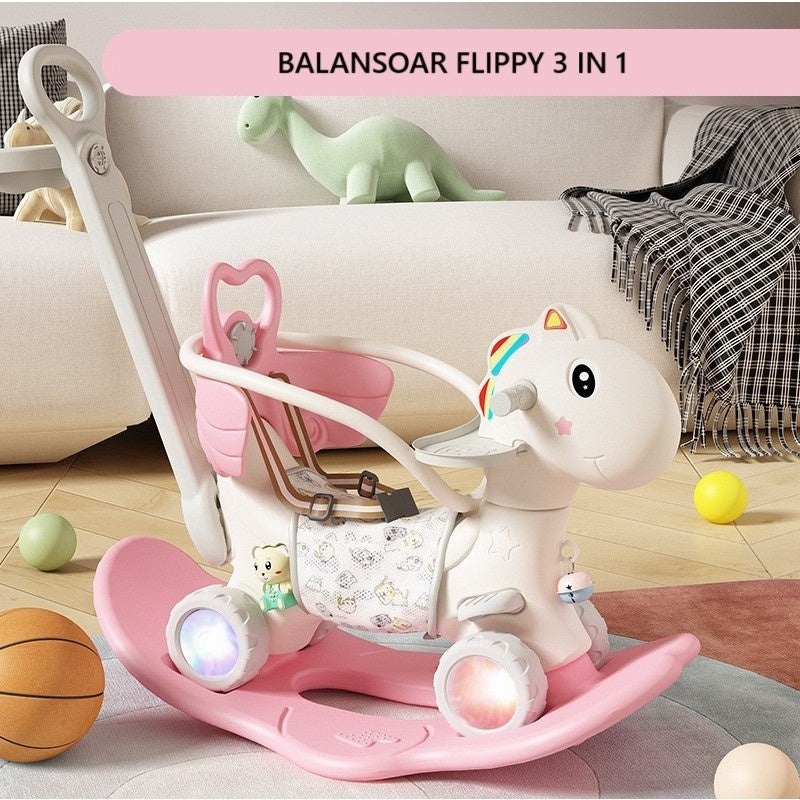 Balansoar pentru Copii, 3in1, cu Spatar si Bara de Siguranta, Maner cu Cos de Basket, Tava de Masa, Roti Luminoase, 80 x 43 x 83 cm, din Plastic, + 3 Ani, Roz