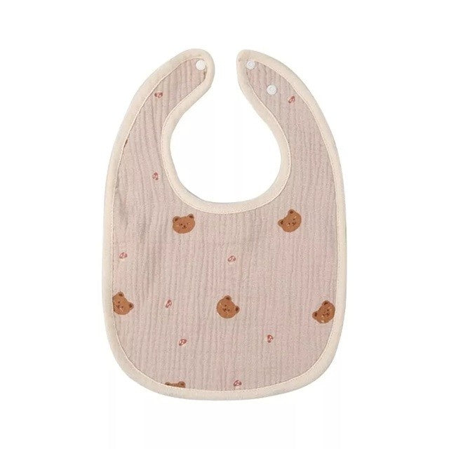 Baveta in Forma de U, din Bumbac, pentru Copii 0-12 Luni, Rezistenta la Apa, cu Capse, Model cu Ursuleti, 21x30 cm, Bej