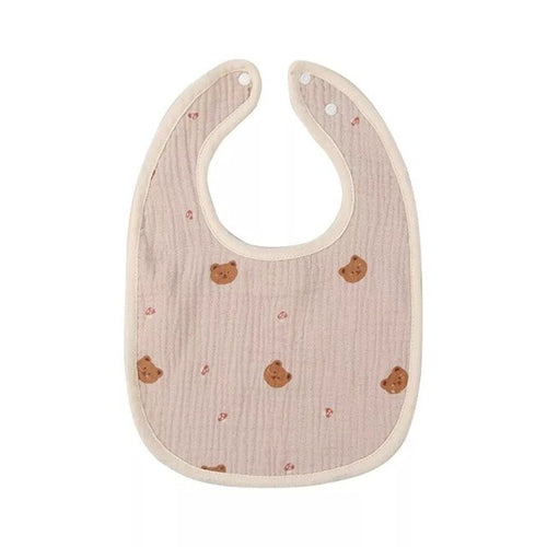 Baveta in Forma de U, din Bumbac, pentru Copii 0-12 Luni, Rezistenta la Apa, cu Capse, Model cu Ursuleti, 21x30 cm, Bej