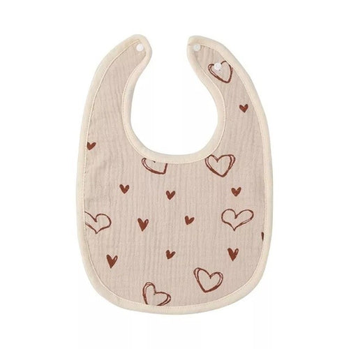 Baveta in Forma de U, din Bumbac, pentru Copii 0-12 Luni, Rezistenta la Apa, cu Capse, Model cu Inimoare, 21x30 cm, Bej
