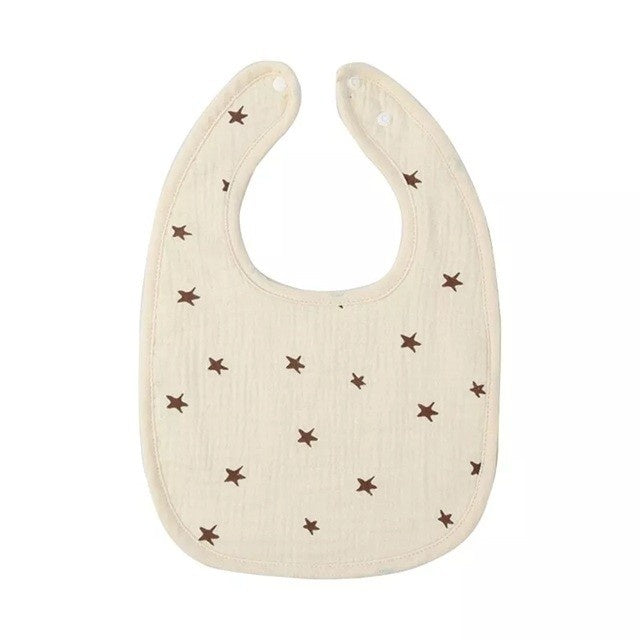 Baveta in Forma de U, din Bumbac, pentru Copii 0-12 Luni, Rezistenta la Apa, cu Capse, Model cu Stelute, 21x30 cm, Crem