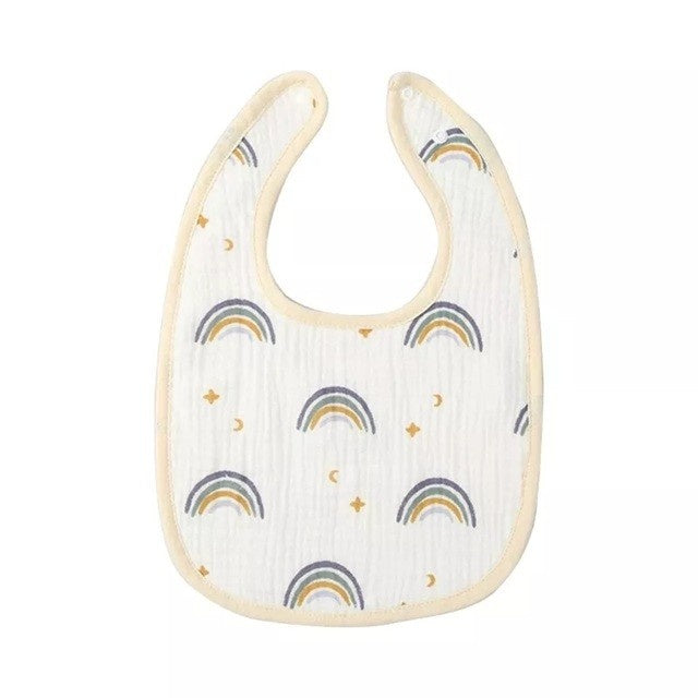 Baveta in Forma de U, din Bumbac, pentru Copii 0-12 Luni, Rezistenta la Apa, cu Capse, Model Curcubeu, 21x30 cm, Bej