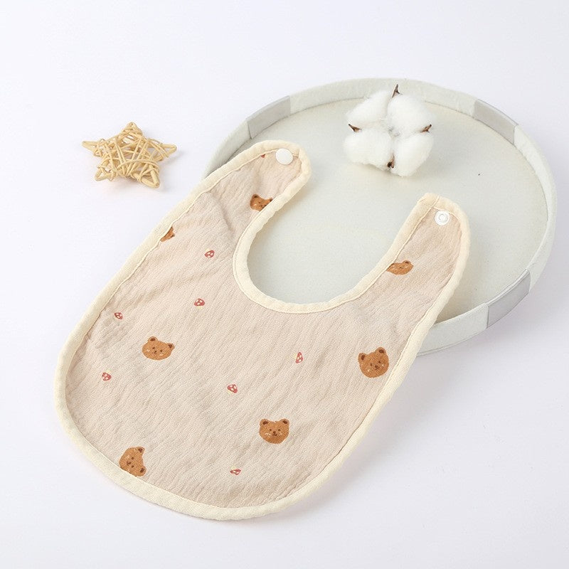 Baveta in Forma de U, din Bumbac, pentru Copii 0-12 Luni, Rezistenta la Apa, cu Capse, Model cu Ursuleti, 21x30 cm, Bej