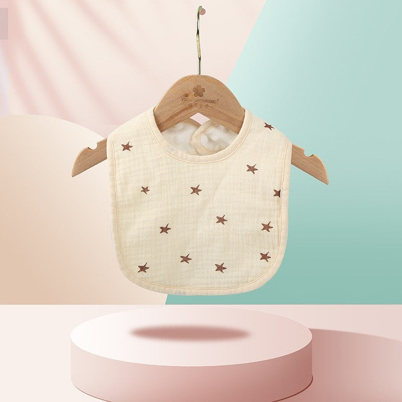 Baveta in Forma de U, din Bumbac, pentru Copii 0-12 Luni, Rezistenta la Apa, cu Capse, Model cu Stelute, 21x30 cm, Crem