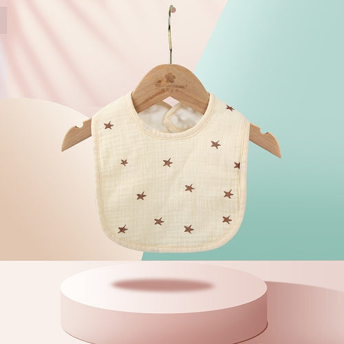 Baveta in Forma de U, din Bumbac, pentru Copii 0-12 Luni, Rezistenta la Apa, cu Capse, Model cu Stelute, 21x30 cm, Crem