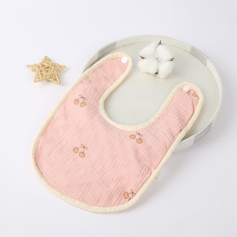 Baveta in Forma de U, din Bumbac, pentru Copii 0-12 Luni, Rezistenta la Apa, cu Capse, Model cu Cirese, 21x30 cm, Roz