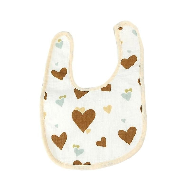 Baveta in Forma de U, din Bumbac, pentru Copii 0-12 Luni, Rezistenta la Apa, cu Capse, Model cu Inimioare, 21x30 cm, Bej