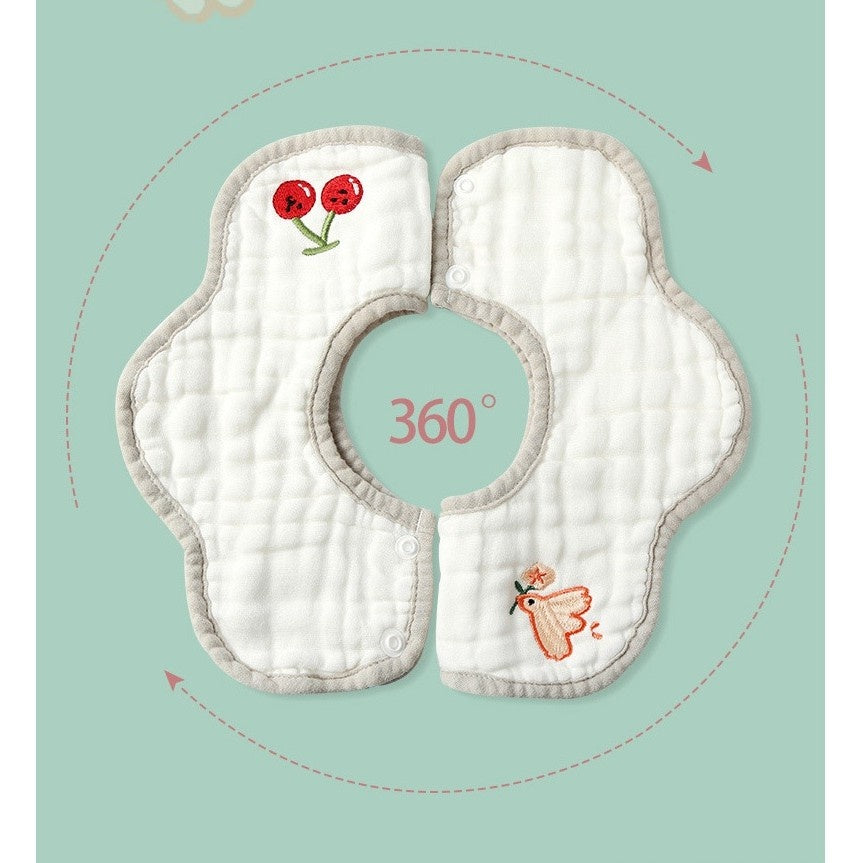 Baveta Tip Floare, din Bumbac, pentru Copii 0-12 Luni, Rezistenta la apa, 8 Straturi, Model Tricotat cu Cirese, 26 x 29 cm, Alb
