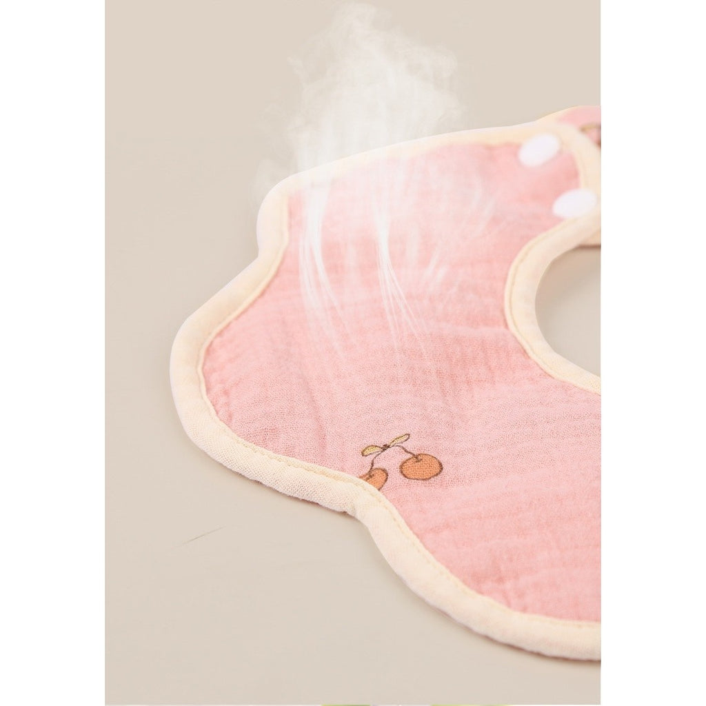Baveta Tip Floare, din Bumbac, pentru Copii 0-12 Luni, Rezistenta la apa, cu Capse, Model cu Cirese, 26 x 29 cm, Roz