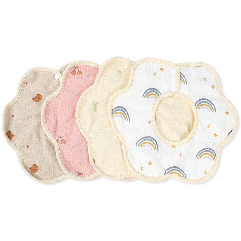 Baveta Tip Floare, din Bumbac, pentru Copii 0-12 Luni, Rezistenta la apa, cu Capse, Model cu Ursuleti, 26 x 29 cm, Crem