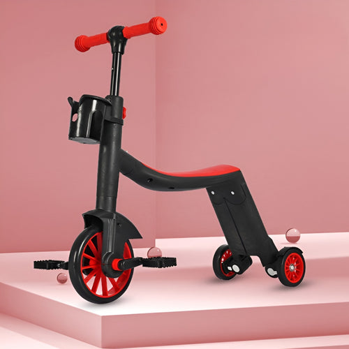 Bicicleta 8 in 1, Transformabila, Multifunctionala, Reglare Inaltime, cu Maner de Impingere Detasabil, Tricicleta, Trotineta, 3 Roti, Pedale, Cosulet, 3-6 Ani, Rosu