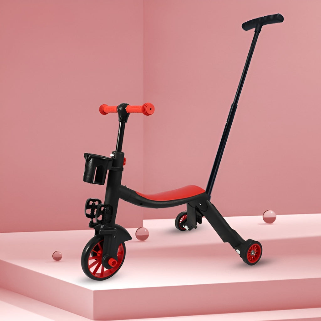 Bicicleta 8 in 1, Transformabila, Multifunctionala, Reglare Inaltime, cu Maner de Impingere Detasabil, Tricicleta, Trotineta, 3 Roti, Pedale, Cosulet, 3-6 Ani, Rosu