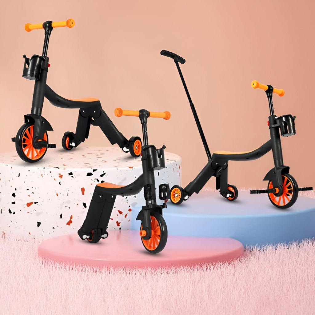 Bicicleta 8 in 1, Transformabila, Multifunctionala, Reglare Inaltime, cu Maner de Impingere Detasabil, Tricicleta, Trotineta, 3 Roti, Pedale, Cosulet, 3-6 Ani, Portocaliu