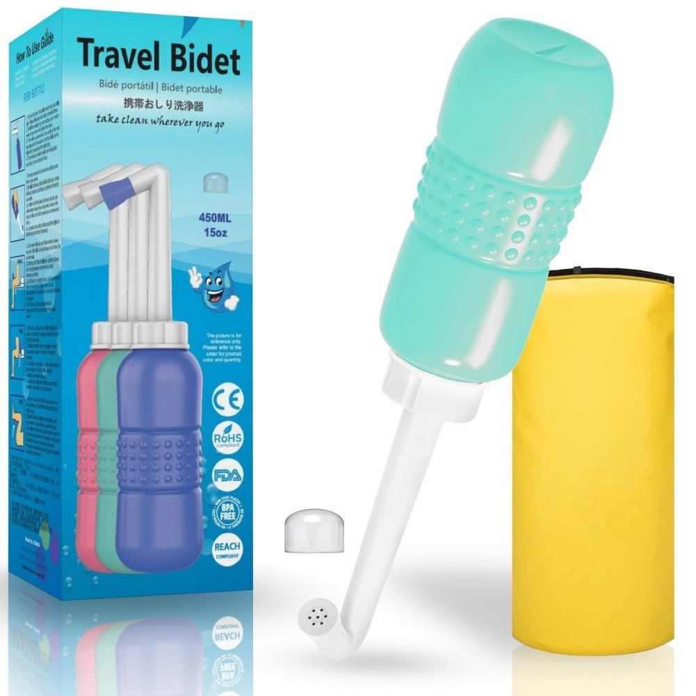 Bideu Portabil pentru Igiena Intima, Postpartum/ Postoperator, 450 mL, cu Capac si Husa Galbena, 29.5x7 cm, Culoare Recipient Verde