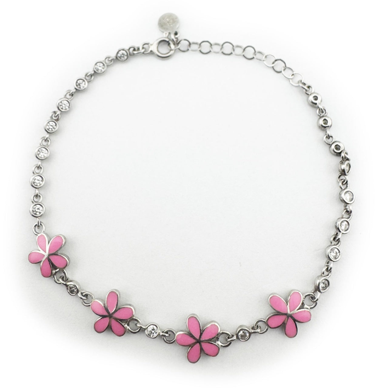 Bratara pentru Copii, Jolie, Argint 925, Model Floare, cu Email si Zirconiu, 22 cm/4.4g Argintiu/Roz