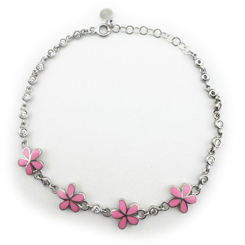 Bratara pentru Copii, Jolie, Argint 925, Model Floare, cu Email si Zirconiu, 22 cm/4.4g Argintiu/Roz