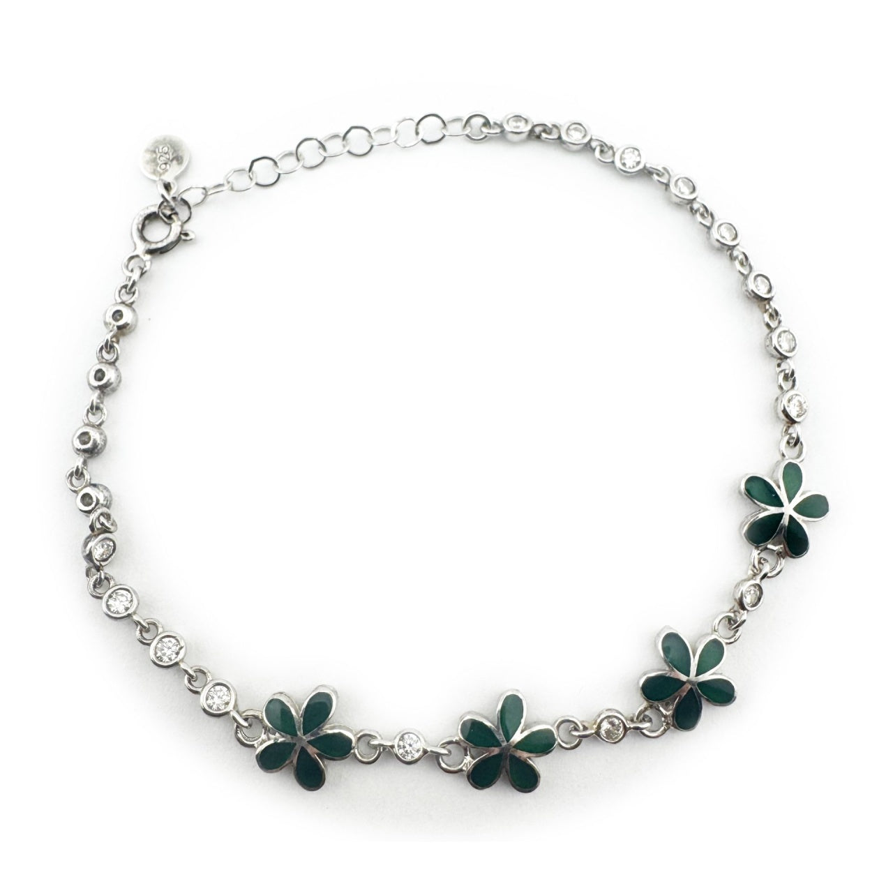 Bratara pentru Copii, Jolie, Argint 925, Model Floare, cu Email si Zirconiu, 22 cm/4.4g Argintiu/Verde inchis