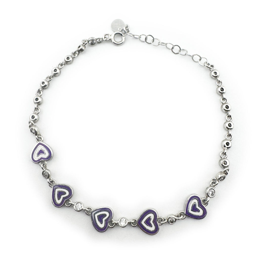 Bratara pentru Copii, Jolie, Argint 925, Model Inima, cu Email si Zirconiu, 22 cm/4.4g Argintiu/Mov/Alb