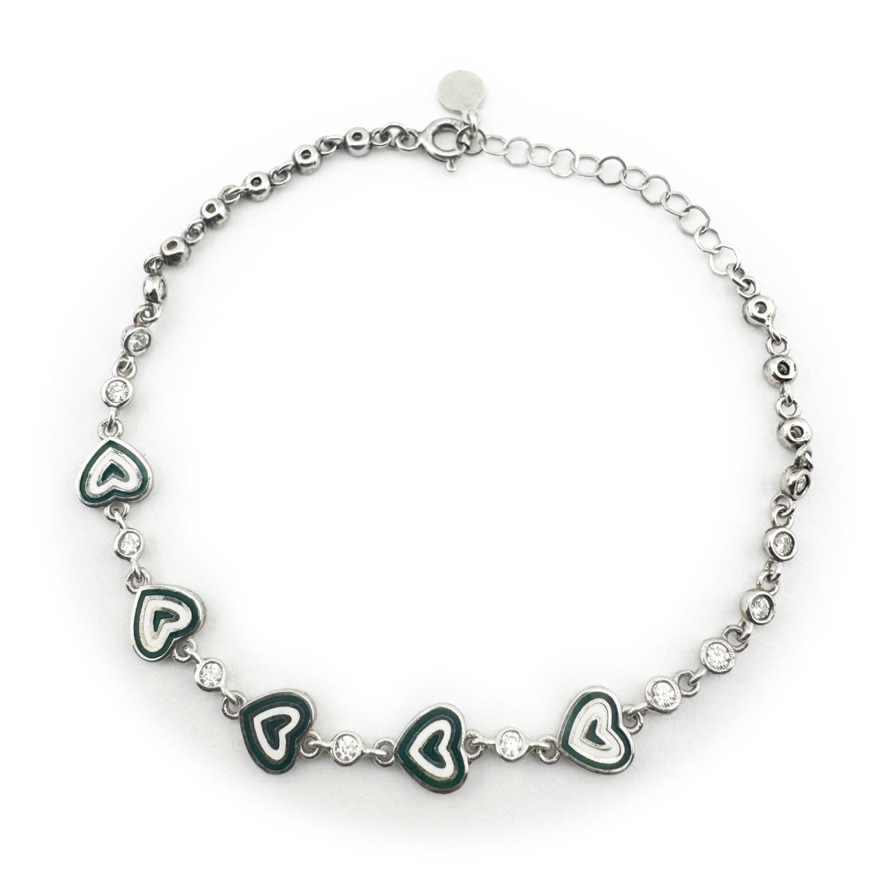 Bratara pentru Copii, Jolie, Argint 925, Model Inima, cu Email si Zirconiu, 22 cm/4.4g Argintiu/Verde inchis