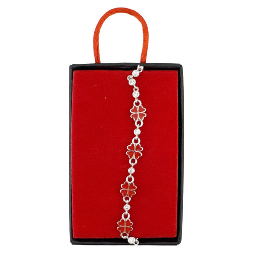Bratara pentru Copii, Jolie, Argint 925, Model Trifoi, cu Email si Zirconiu, 22 cm/4.4g Argintiu/Rosu