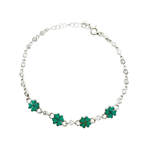 Bratara pentru Copii, Jolie, Argint 925, Model Trifoi, cu Email si Zirconiu, 22 cm/4.4g Argintiu/Verde