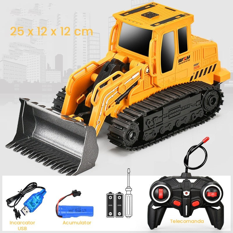 Buldozer cu Senile Jucarie pentru Copii, Jucarie Buldozer cu Telecomanda, Jucarie de Constructie, Acumulator cu Incarcare USB, 25 x 12 x 12 cm, Galben