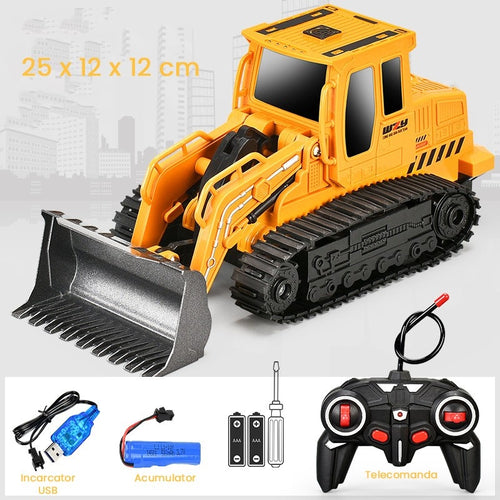 Buldozer cu Senile Jucarie pentru Copii, Jucarie Buldozer cu Telecomanda, Jucarie de Constructie, Acumulator cu Incarcare USB, 25 x 12 x 12 cm, Galben