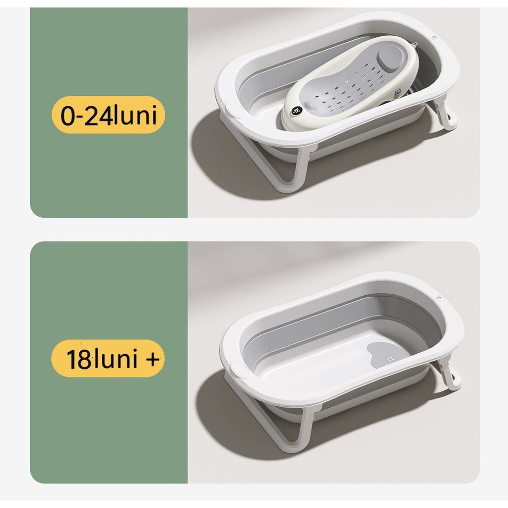 Cada de Baie Pliabila, cu Suport, Indicator de Temperatura, 0-8 Ani, din PP+TPR, 45 l Capacitate, 80 x 50 x 23 cm, Gri