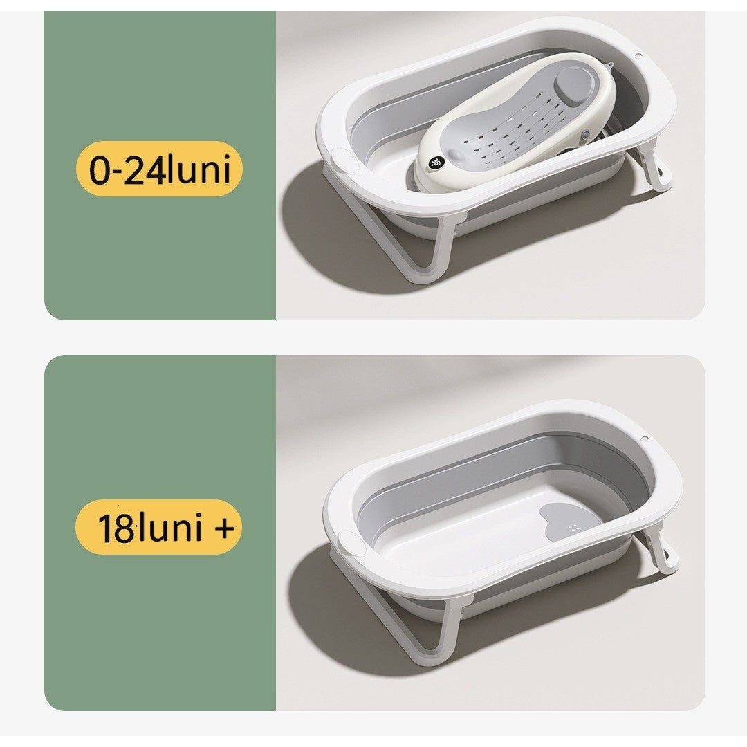 Cada de Baie Pliabila, cu Suport, Indicator de Temperatura, 0-8 Ani, din PP+TPR, 45 l Capacitate, 80 x 50 x 23 cm, Gri