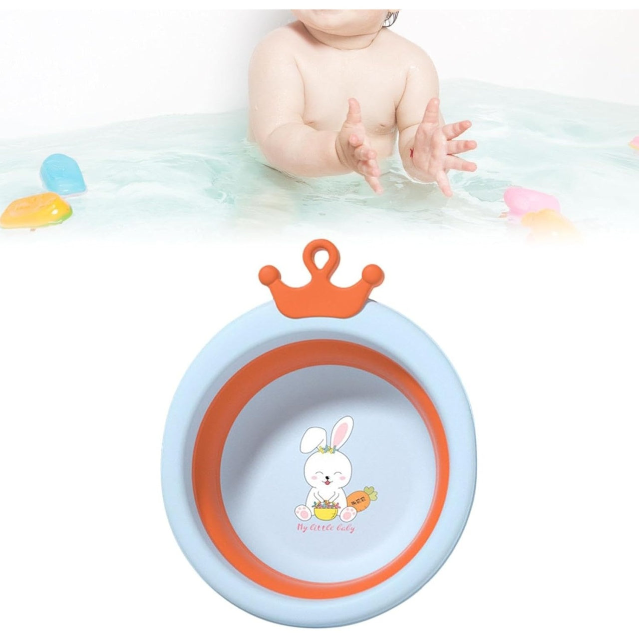 Cada Pliabila pentru Baie pentru Copii, Cadita pentru Bebelusi, Model Rotund cu Iepuras, Blue, 30x31x3.5 cm, 3.3 L