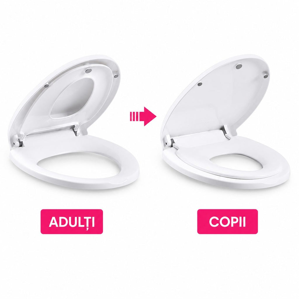 Capac de Toaleta cu Reductie 2 in 1, pentru Copii si Adulti, Coborare Lenta si Silentioasa, Instalare Usoara, din PP5 , in Forma de U Patrat, Alb