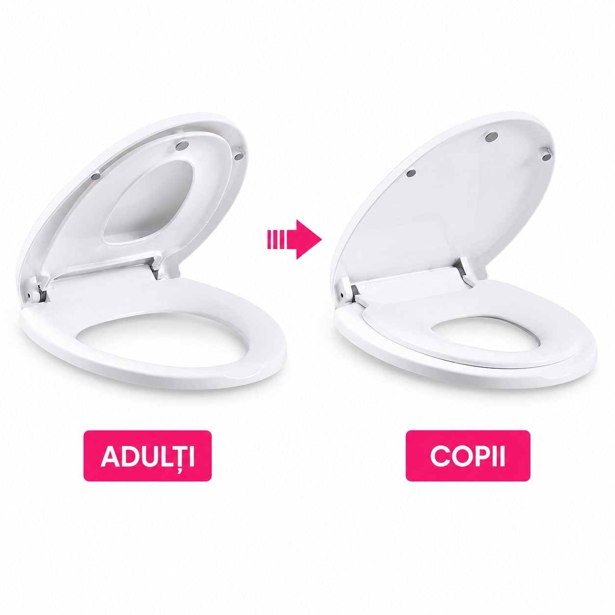 Capac de Toaleta cu Reductie 2 in 1, pentru Copii si Adulti, Coborare Lenta si Silentioasa, Instalare Usoara, din PP5 , in Forma de U Patrat, Alb