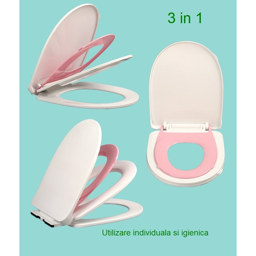 Capac de Toaleta cu Reductie 3 in 1, pentru Copii +3 Ani si Adulti, Coborare Lenta si Silentioasa, Instalare Usoara, din PP5 , in Forma de O, Alb/Roz
