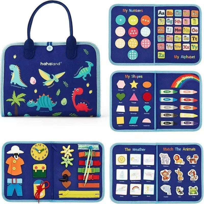 Carte Senzoriala Educativa Montessori, Model Dinozauri, 5 Pagini, Albastru