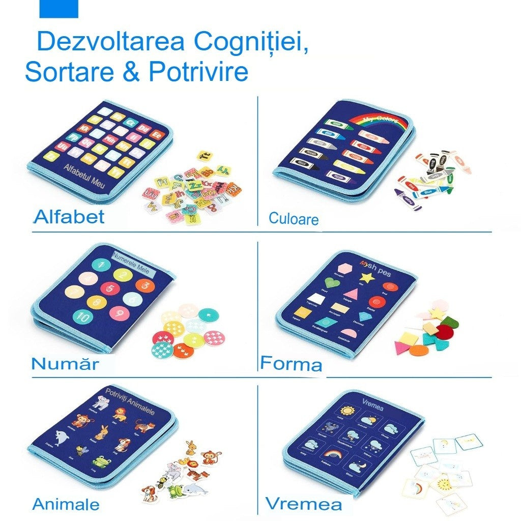 Carte Senzoriala Educativa Montessori, Model Dinozauri, 5 Pagini, Albastru