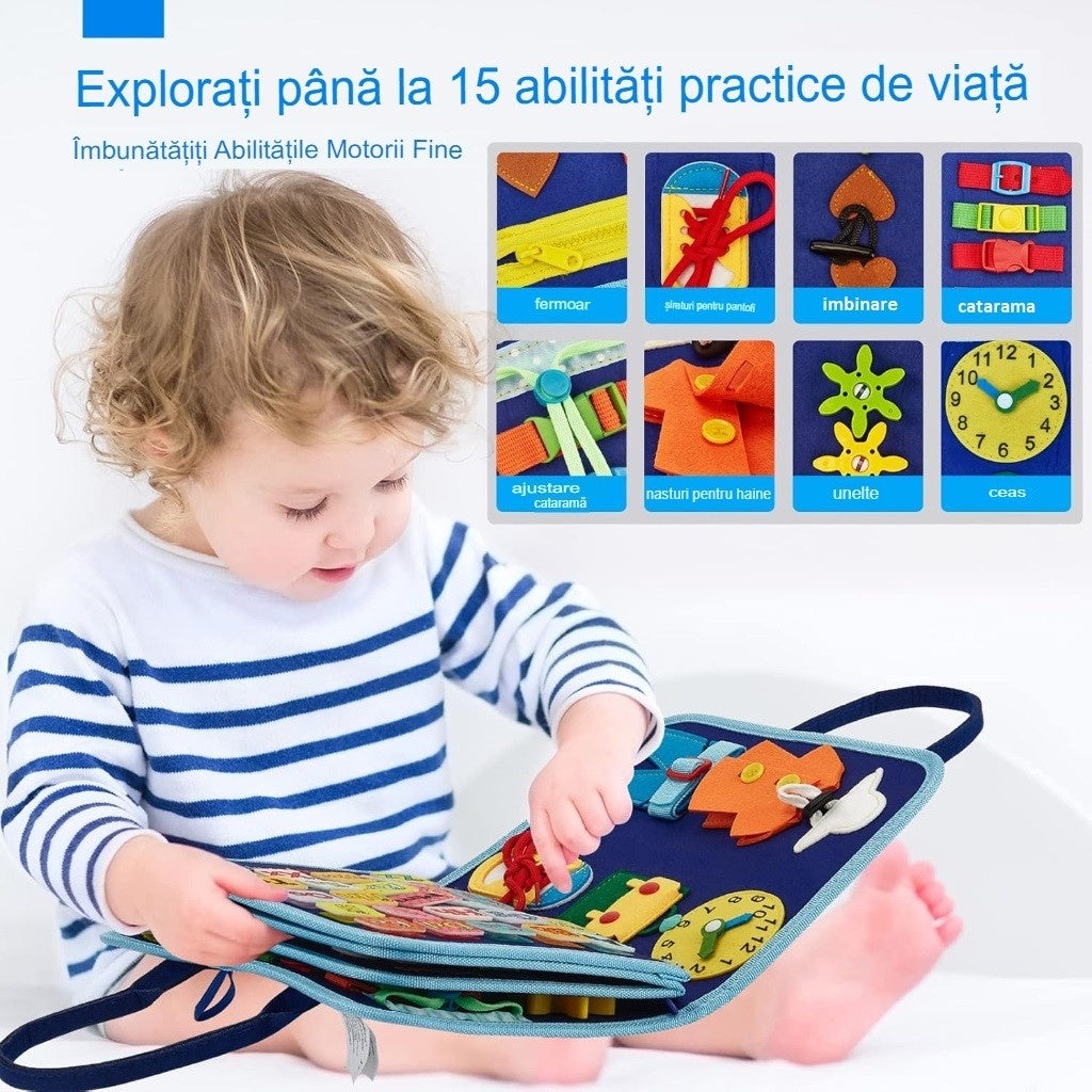 Carte Senzoriala Educativa Montessori, Model Dinozauri, 5 Pagini, Albastru