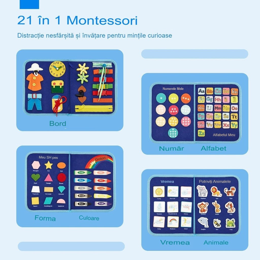 Carte Senzoriala Educativa Montessori, Model Dinozauri, 5 Pagini, Albastru