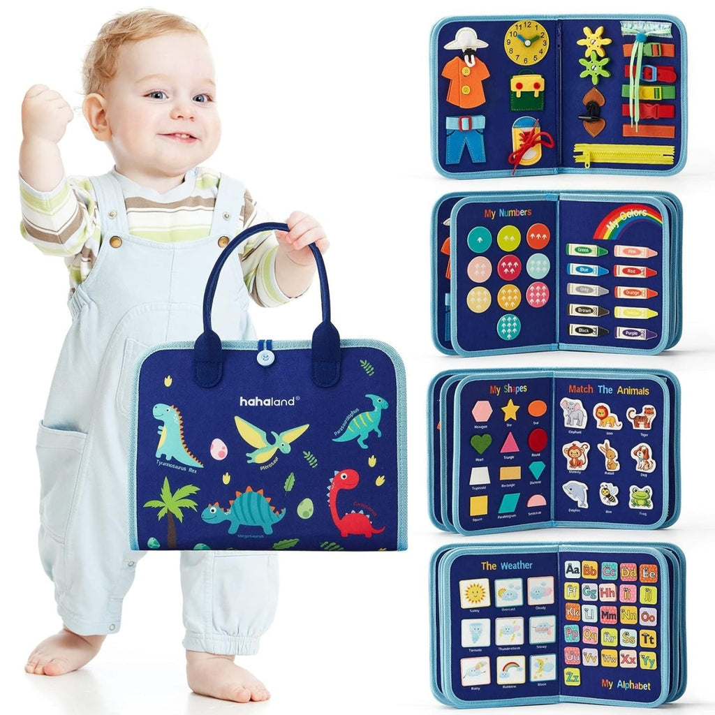 Carte Senzoriala Educativa Montessori, Model Dinozauri, 5 Pagini, Albastru