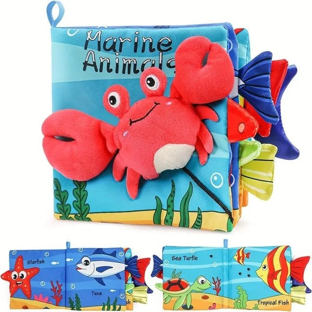 Carte Senzoriala pentru Bebelusi, 15x16x4 cm, cu Animalute, 3D, Cu Sunete si Fosnete, 0-3 Ani, Model Crab, Multicolor