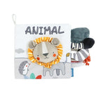Carte Senzoriala, pentru Bebelusi, 15x16x6 cm, cu Animalute, 3D, Cu Sunete si Fosnete, 0-3 Ani, Model Leu, Gri