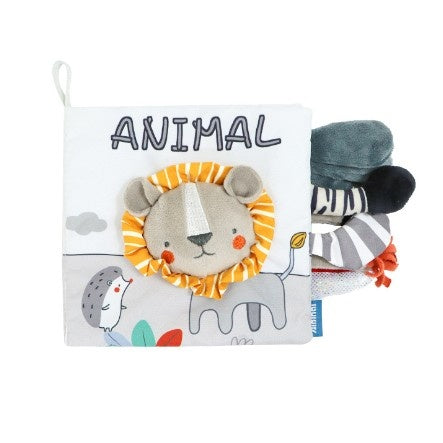 Carte Senzoriala, pentru Bebelusi, 15x16x6 cm, cu Animalute, 3D, Cu Sunete si Fosnete, 0-3 Ani, Model Leu, Gri