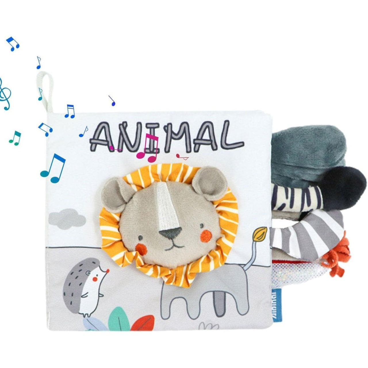 Carte Senzoriala, pentru Bebelusi, 15x16x6 cm, cu Animalute, 3D, Cu Sunete si Fosnete, 0-3 Ani, Model Leu, Gri