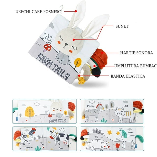 Carte Senzoriala, pentru Bebelusi, 15x16x6 cm, cu Animalute, 3D, Cu Sunete si Fosnete, 0-3 Ani, Model Iepuras, Gri