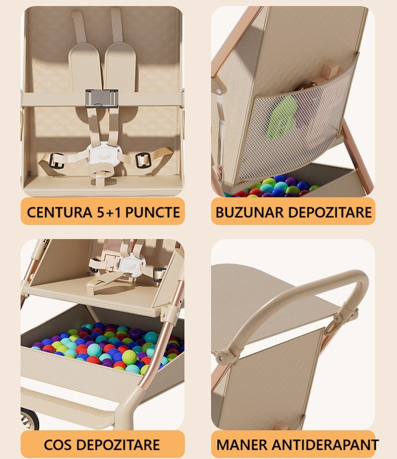 Carut Pliabil, Usor, Compatibil cu Avionul, de Plimbat/Dormit, Parasolar, Cutie Depozitare, Tabla de Masa, 93 x 70 x 40 cm, Negru
